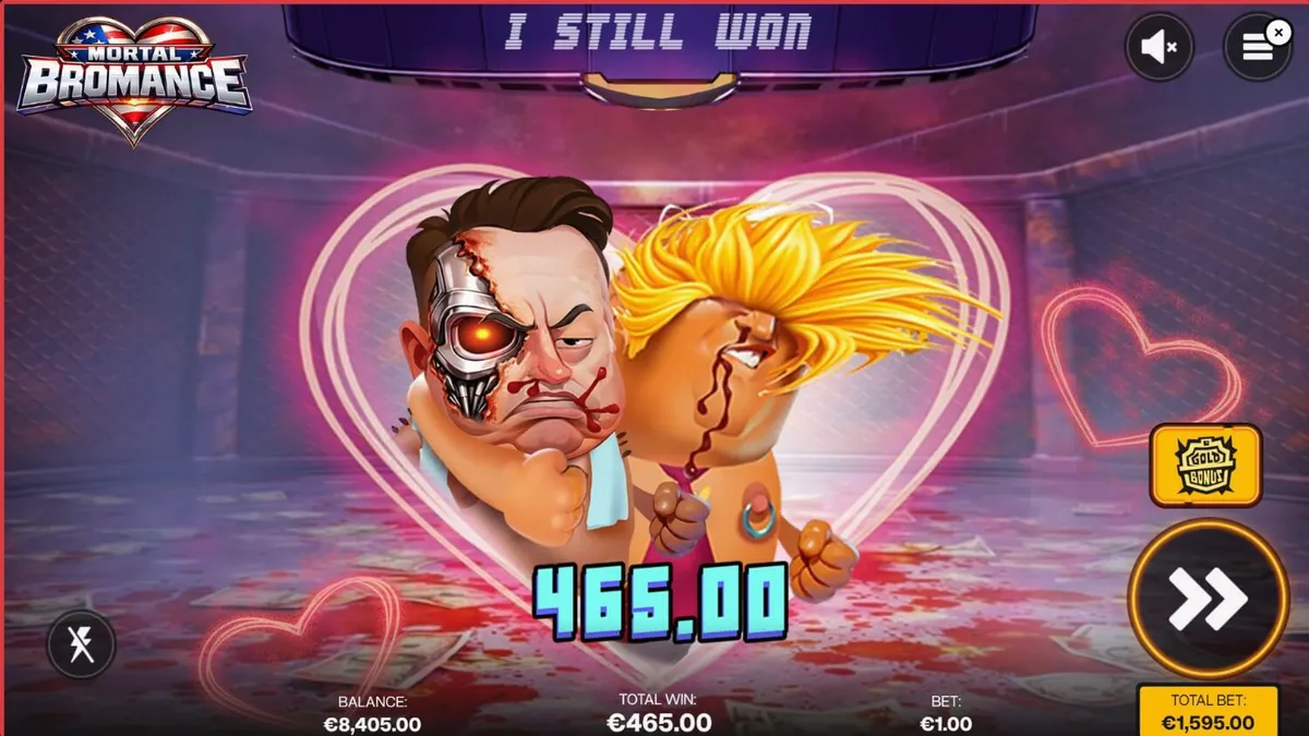 Tampilan visual slot Mortal Bromance dengan tema ring tinju dan karakter kartun yang unik.